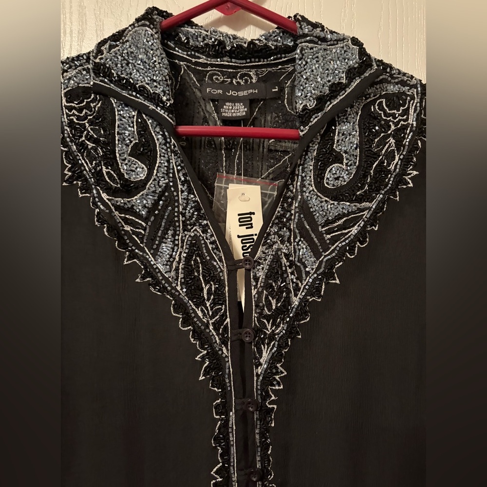NWT For Joseph 100% Silk Black Sheer Hand-beaded Blouse Scalloped Hem Large - Picture 5 of 16